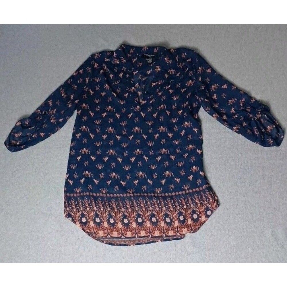Riley James 3/4 Rolled Tab Sleeve Sheer Tunic Blouse L Navy Blue Floral Peasant